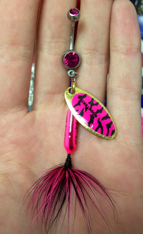 hot pink and black rooster tail fishing lure belly button ring
